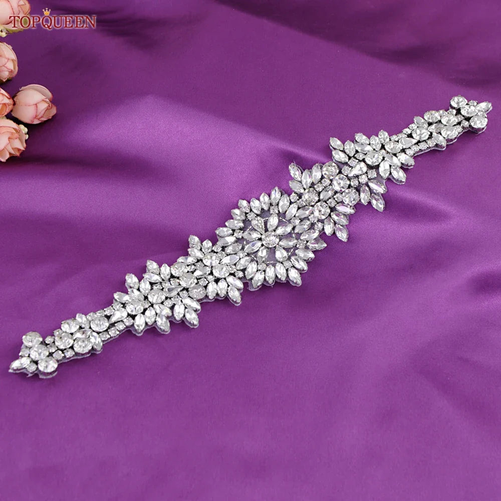 TOPQUEEN S319 Rhinestones Wedding Belt Sparkly Bride Dress Decorative Sash with Stone Jeweled Satin Ribbons Silver Gown Applique applique no ribbon