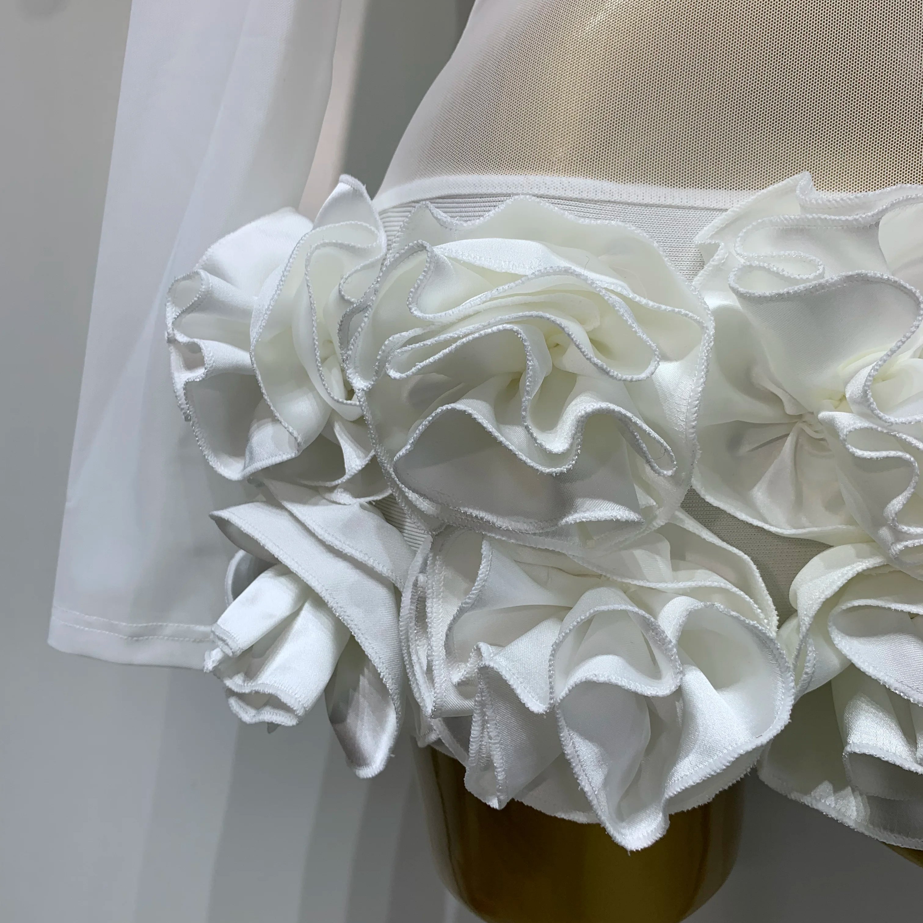 Women Sexy Mesh See through Stereoscopic Flowers White Red Mini Bandage Dress Birthday Evening Party Club Singer Perform Costume