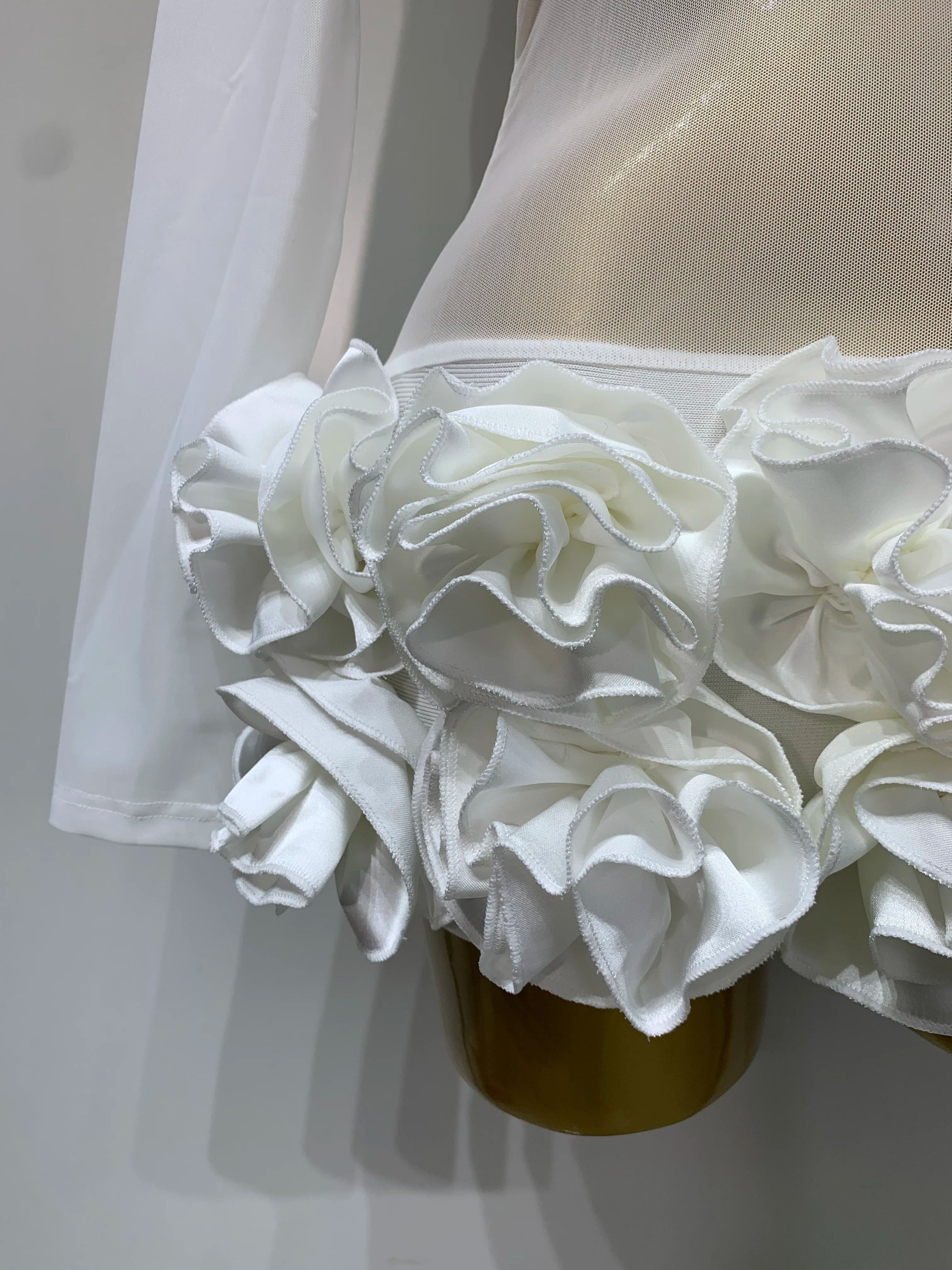 Women Sexy Mesh See through Stereoscopic Flowers White Red Mini Bandage Dress Birthday Evening Party Club Singer Perform Costume