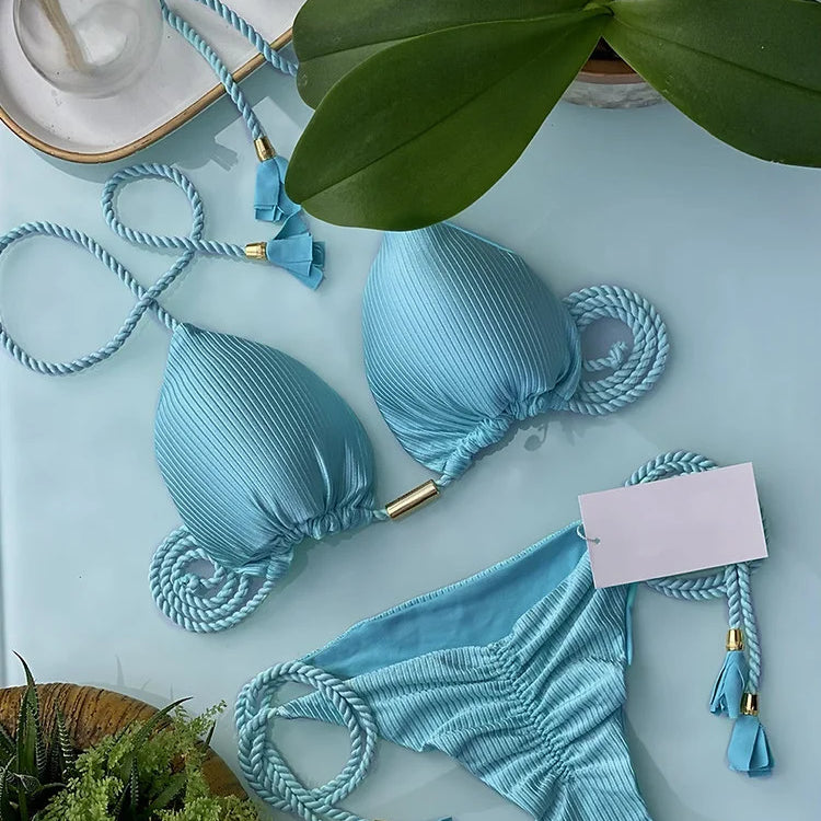 New Women Bikini Backless Rope Triangle Swimsuit Multicolor 8241