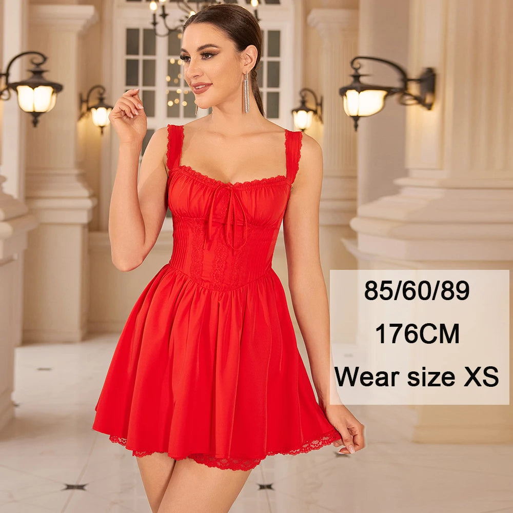 Suninheart Summer Dresses for Women 2023 Red Spaghetti Strap A Line Dress Lovely Elegant Lace Up Party Dress Mini Vacation Dress red