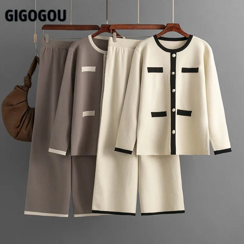 Gigogou Euro Designer Women Sweater Tracksuits Button Dekorera Kvinntröjor + Wide Ben Pants Suits 2 / Two Pieces Set Byxa