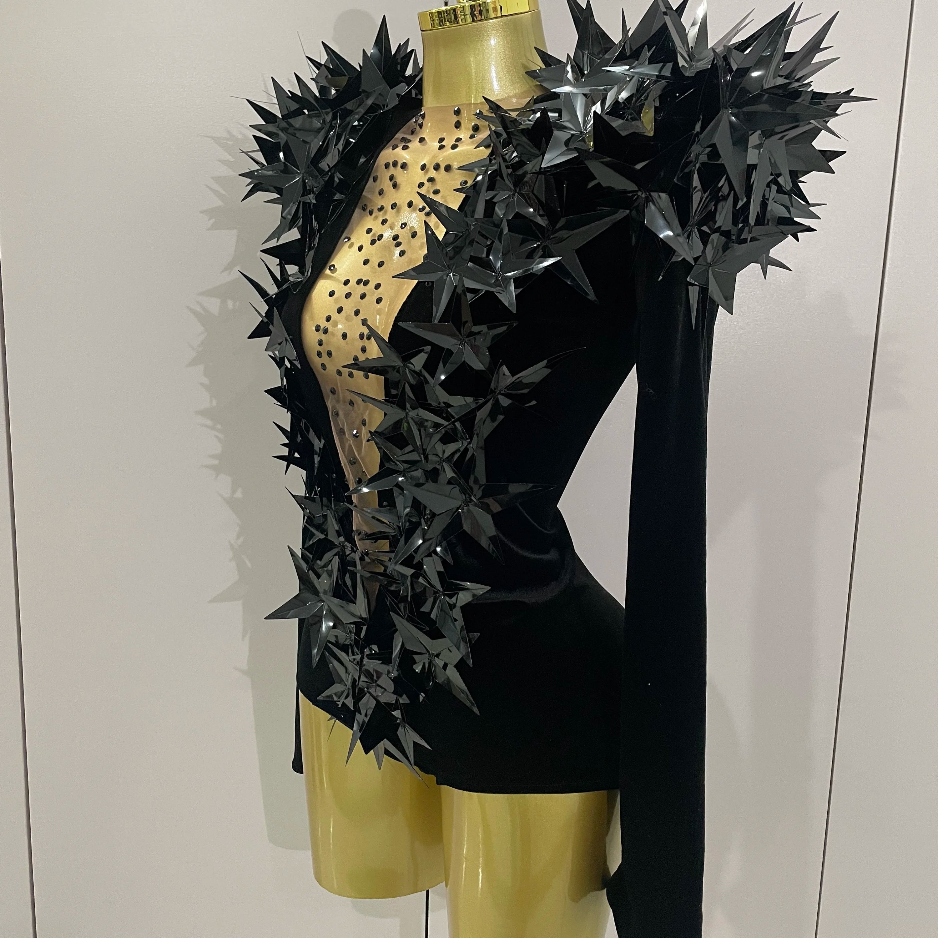 2025 New Shiny Black Rhinestone Velvet Long Sleeve Bodysuit Women Evening Party Club Gala Hosts NightClub Bar Stage Costumes