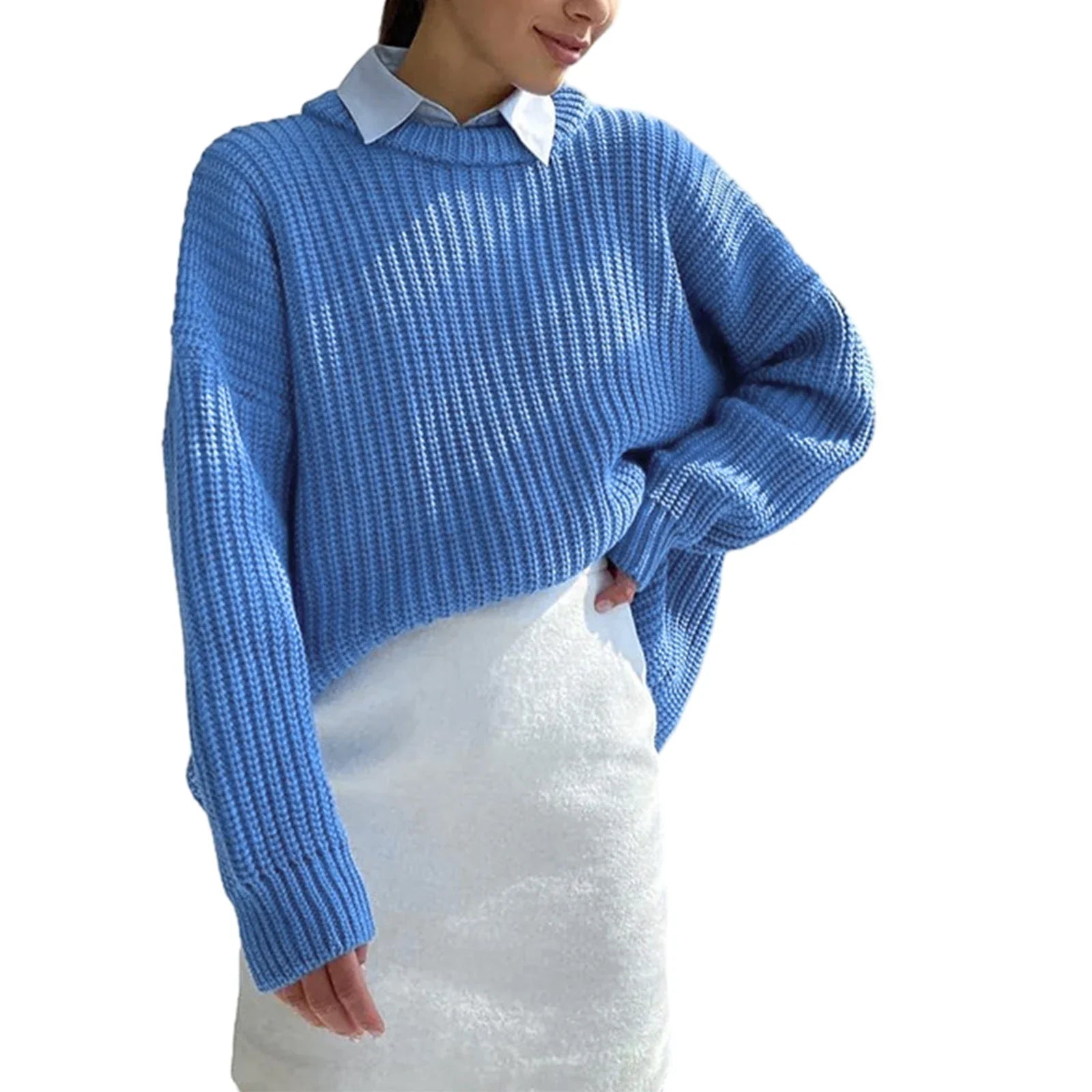 Womens Chunky Cable Knit Sweaters Solid Color Long Sleeve Crewneck Oversized Sweater Pullover Cute Fall Jumper Top Blue