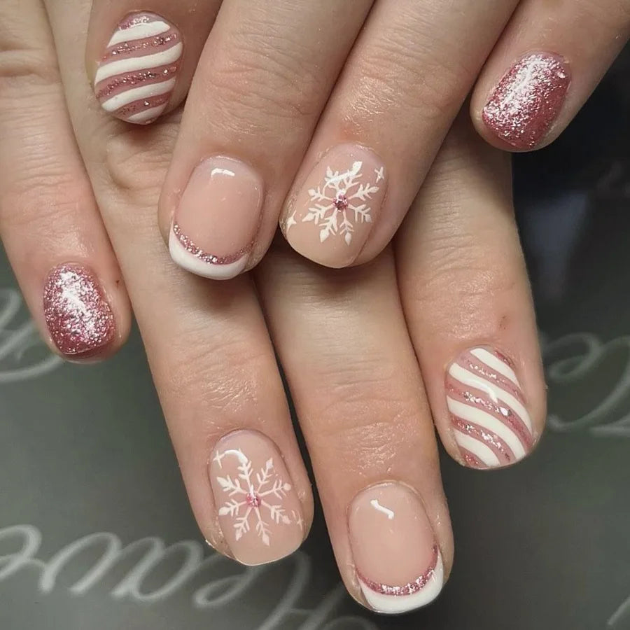 24Pcs Christmas French Fake Nail with Snowflake Design Glitter Pink Full Cover Nail Tip Xmas Short Wearable Press on False Nails