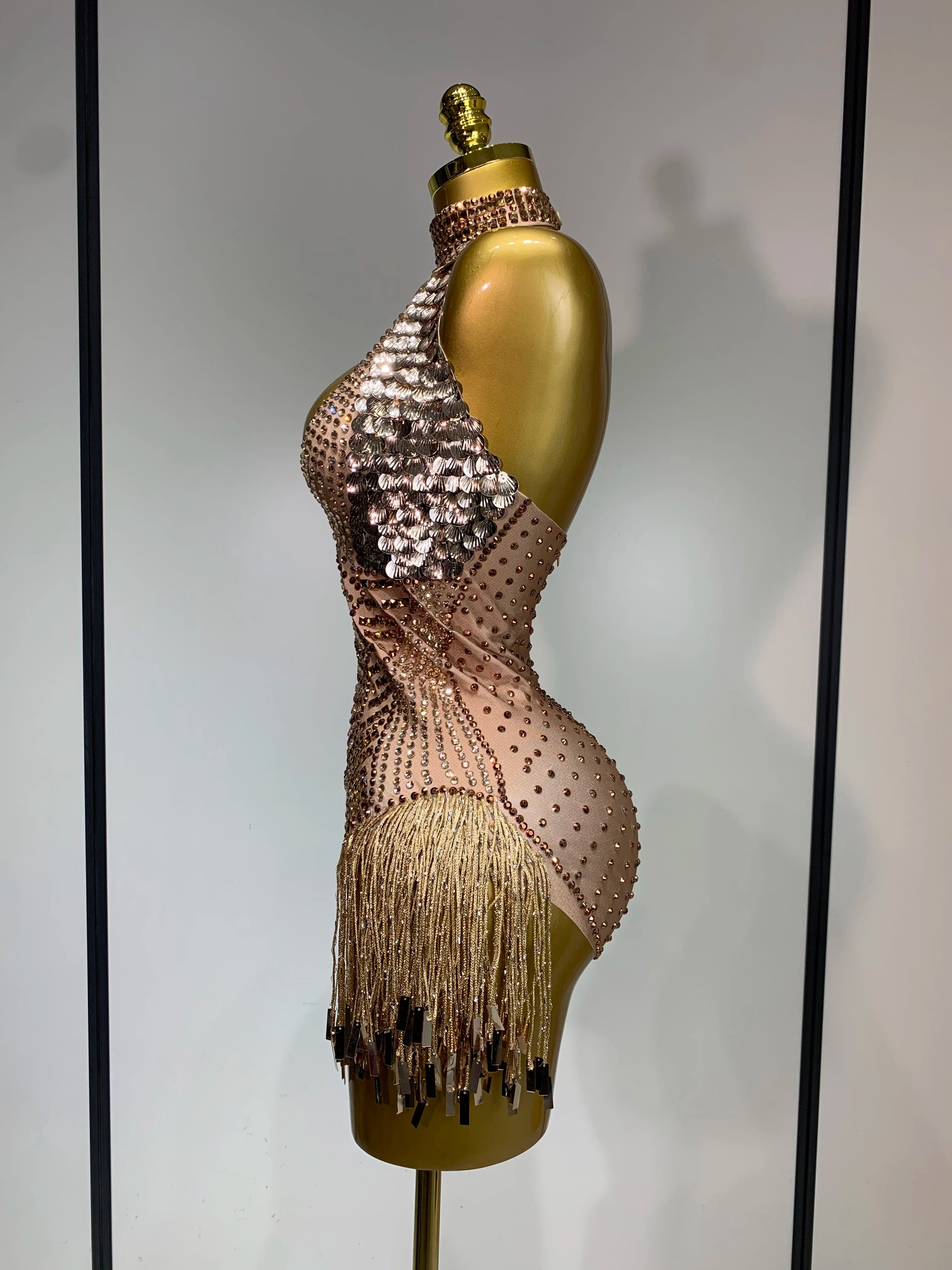 Luxury Sparkly Rhinestones Tassels Sequins Bodysuit Women Sexy Halter Backless Stage  Performance Costume Club Birthday Outfit