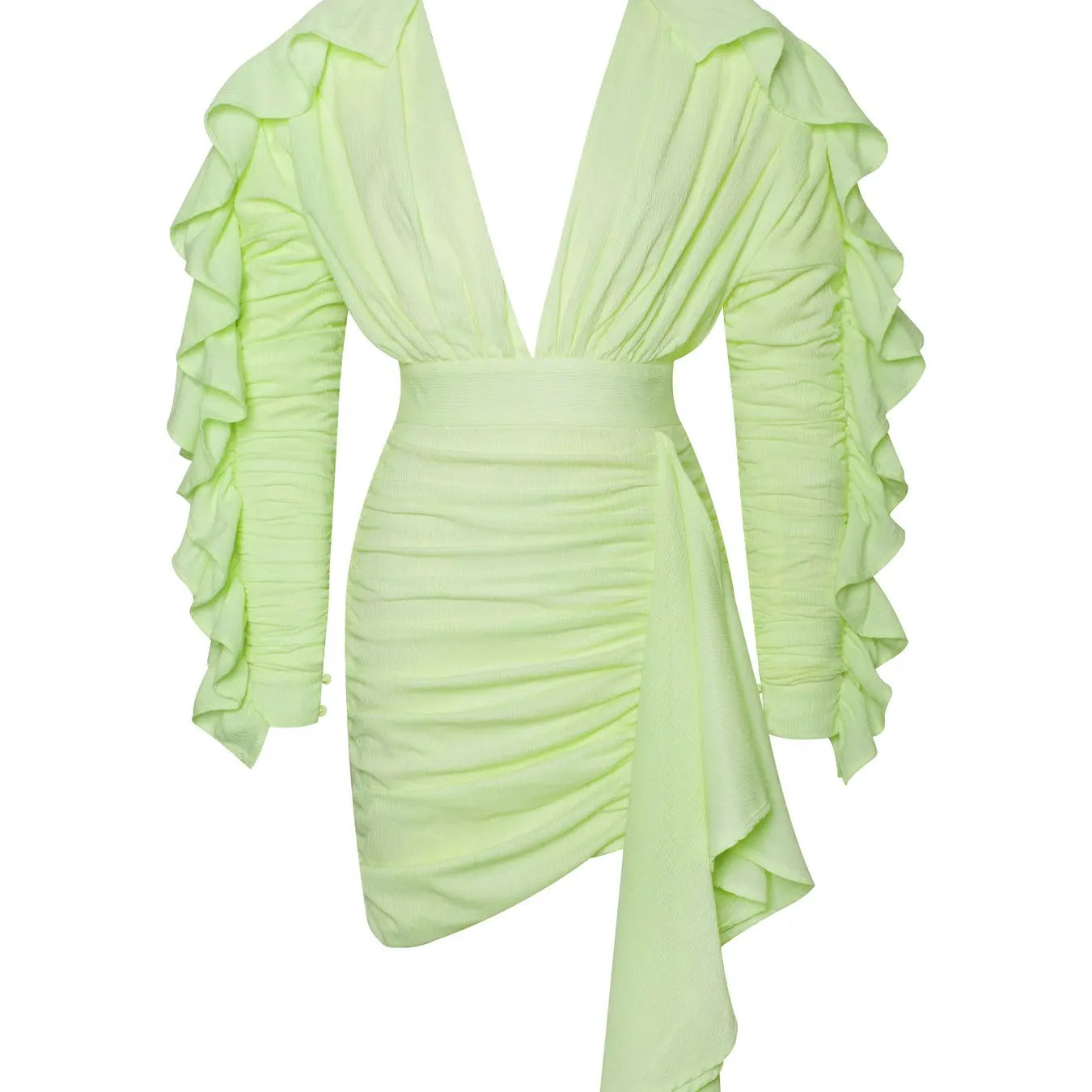 Yellow Green Women Butterfly Sleeve Sexy Deep V-Neck Bodycon Mini Dress Fashion Nightclub Party Dress