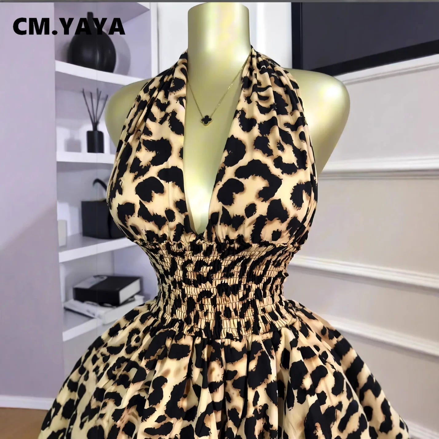 CM.YAYA Women Leopard Print Halter Neck Backless Cascading Ruffles Big Swing Ball Gown Mini Dress 2025 Sexy Club Party Dresses