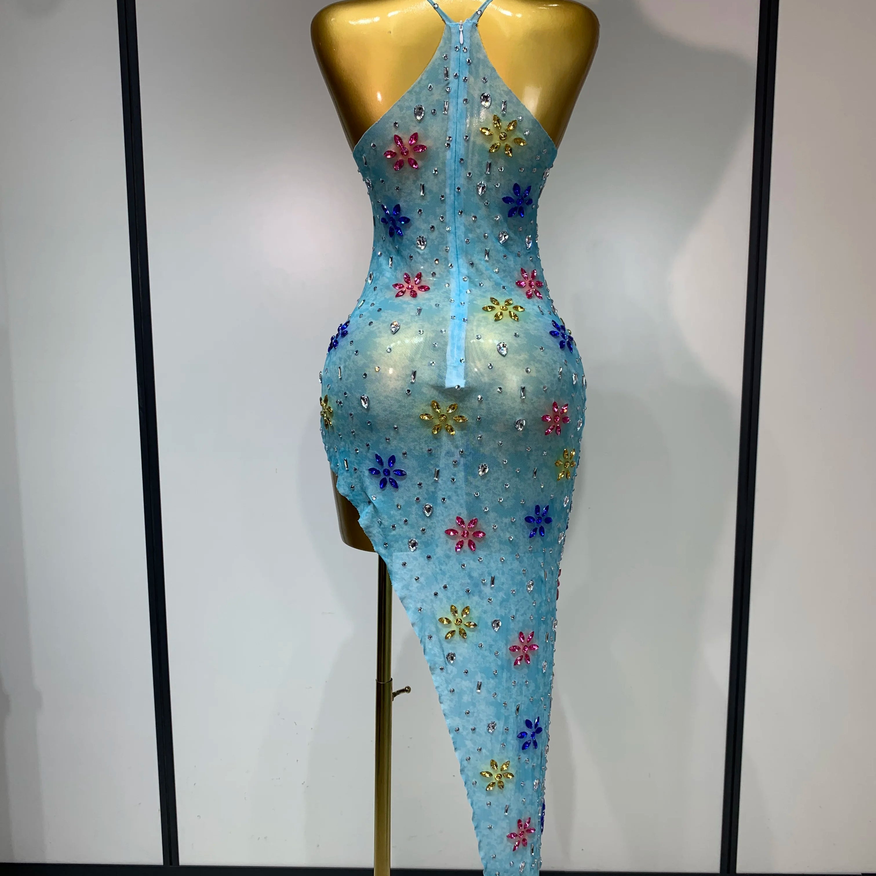 2025 Newest Sexy Mesh High Split Sparkly Diamonds See Through Dress Luxury Birthday Dress Women Celebrate Party Stage Outfit