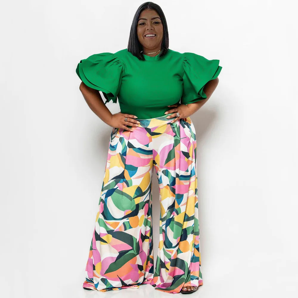 Plus Size Summer 2 Two Piece Set Women Ruffle Pleated Fashion Slim Ladies Blouses Floral Print Loose Pleated Woman Wide Leg Pant