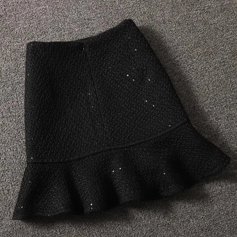 Sequin Tweed Skirt for women autumn winter korea style high waist slim ruffle skirt lady Woolen mermaid skirt