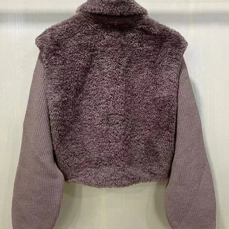 IOO Winter New Thick Warm Wool Fur Women Coats Knit Splice Turn-Down Collar Pocket Faux Fur Short Female Outwear Jackets Tops