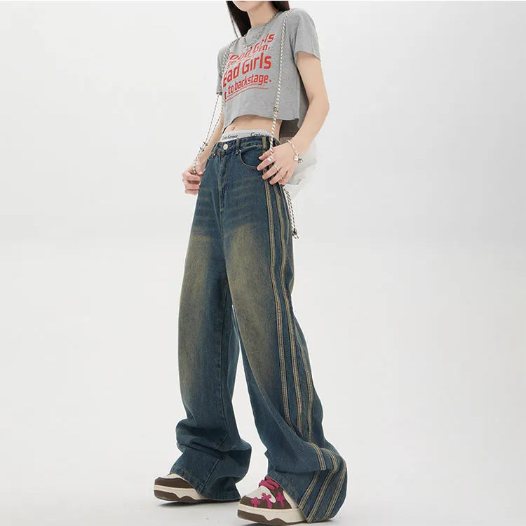 Koreanischer Stil Frauen Vintage hohe Taille Streetwear Streetwear Stree -Jeans Hosen weit Bein Baggy Y2k Baggy weibliche Jeanshose