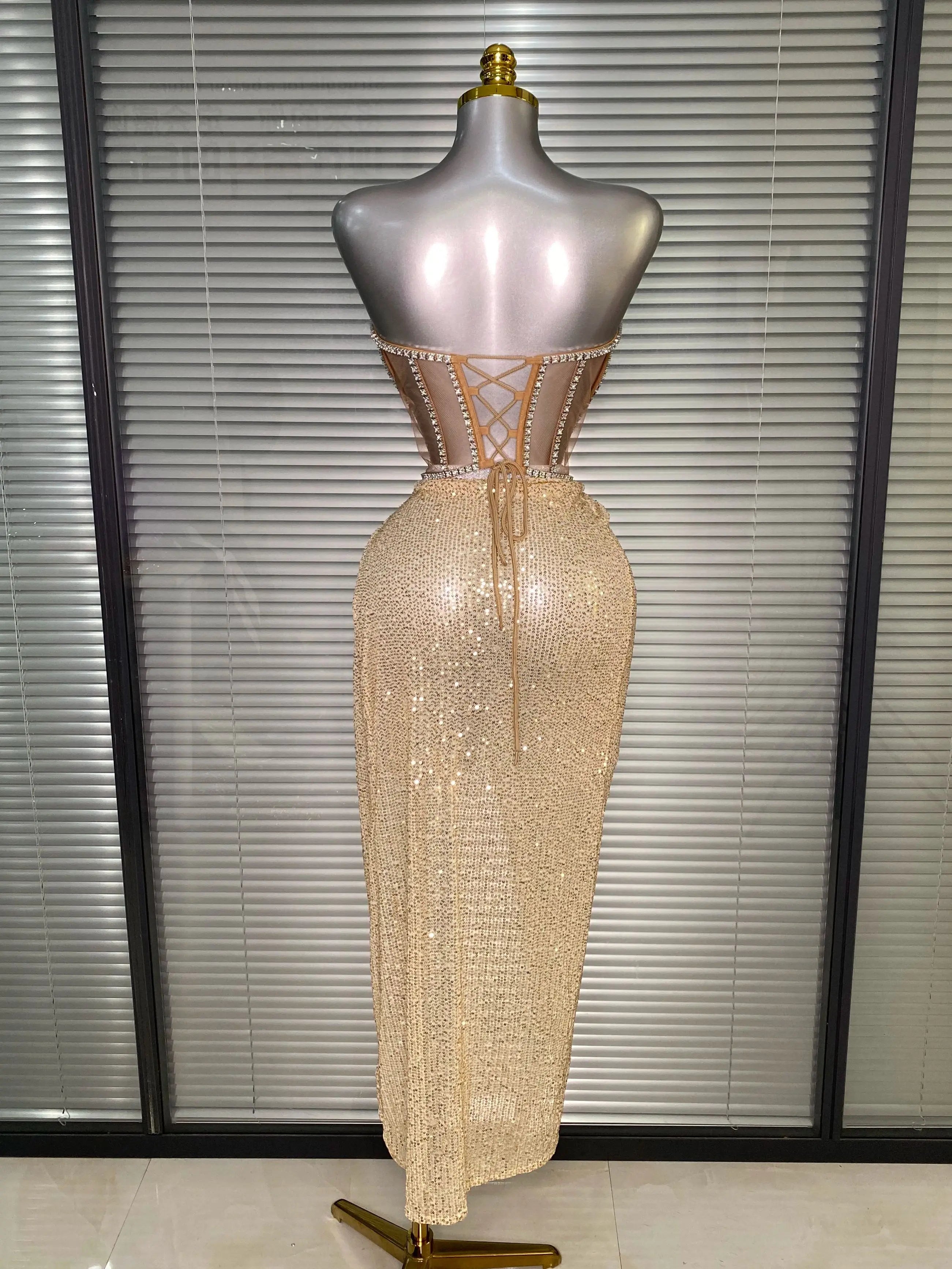 Women Sexy Sparkly Sequins Strapless Lace Openback Two Piece High Split Birthday Party Nightclub Outfit Dancer Performance Suit