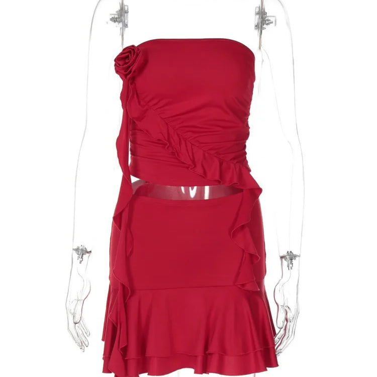 Sexy Women Dress Sets Rose Strapless Crop Tops And Mini Skirt Sets Female Elegant Ruffled Club Party Two Piece Sets