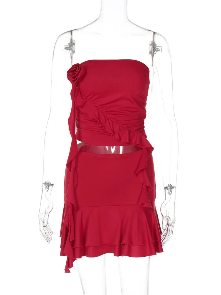Sexy Women Dress Sets Rose Strapless Crop Tops And Mini Skirt Sets Female Elegant Ruffled Club Party Two Piece Sets