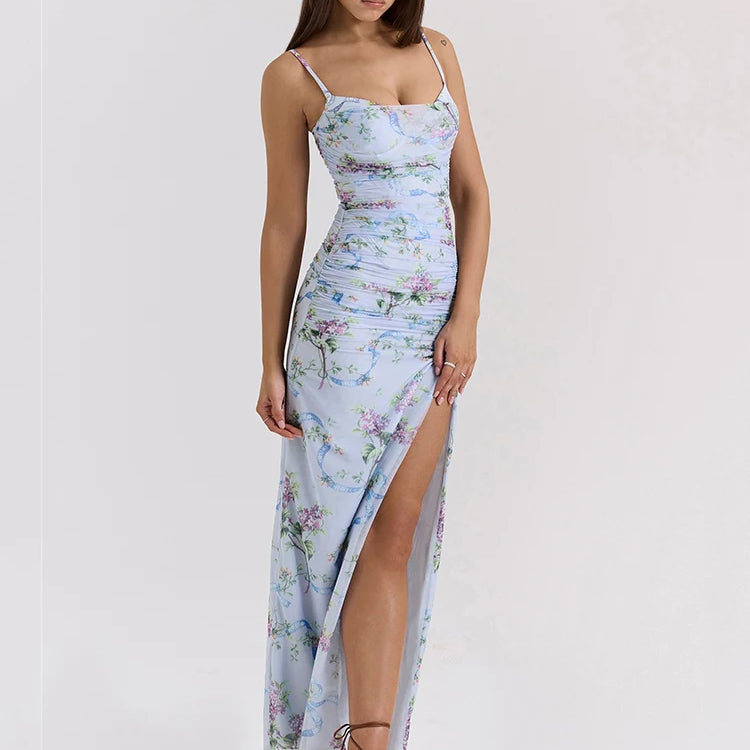 Vestido longo de malha com estampa floral azul para mulheres, com zíper, alças finas, sem mangas, costas nuas, fenda, vestido longo para festa