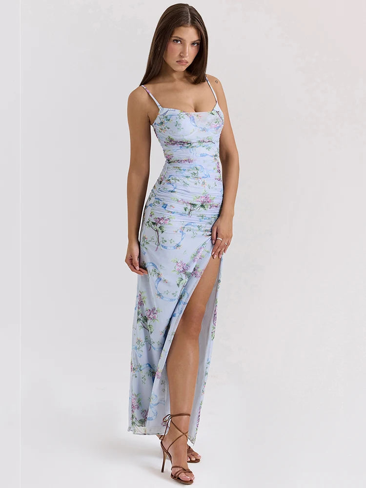 Vestido longo de malha com estampa floral azul para mulheres, com zíper, alças finas, sem mangas, costas nuas, fenda, vestido longo para festa