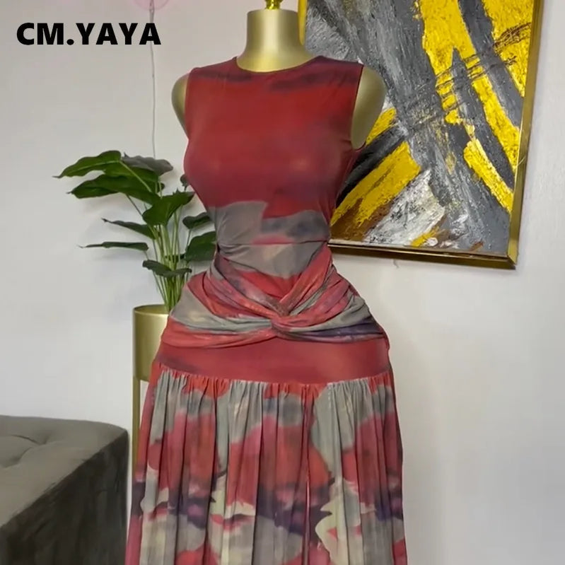 CM.YAYA Elegant Women Print Sleeveless Sweet O-neck Floor-Length Long Dress 2025 Beach Party Birthday Sexy Split Pleated Dresses