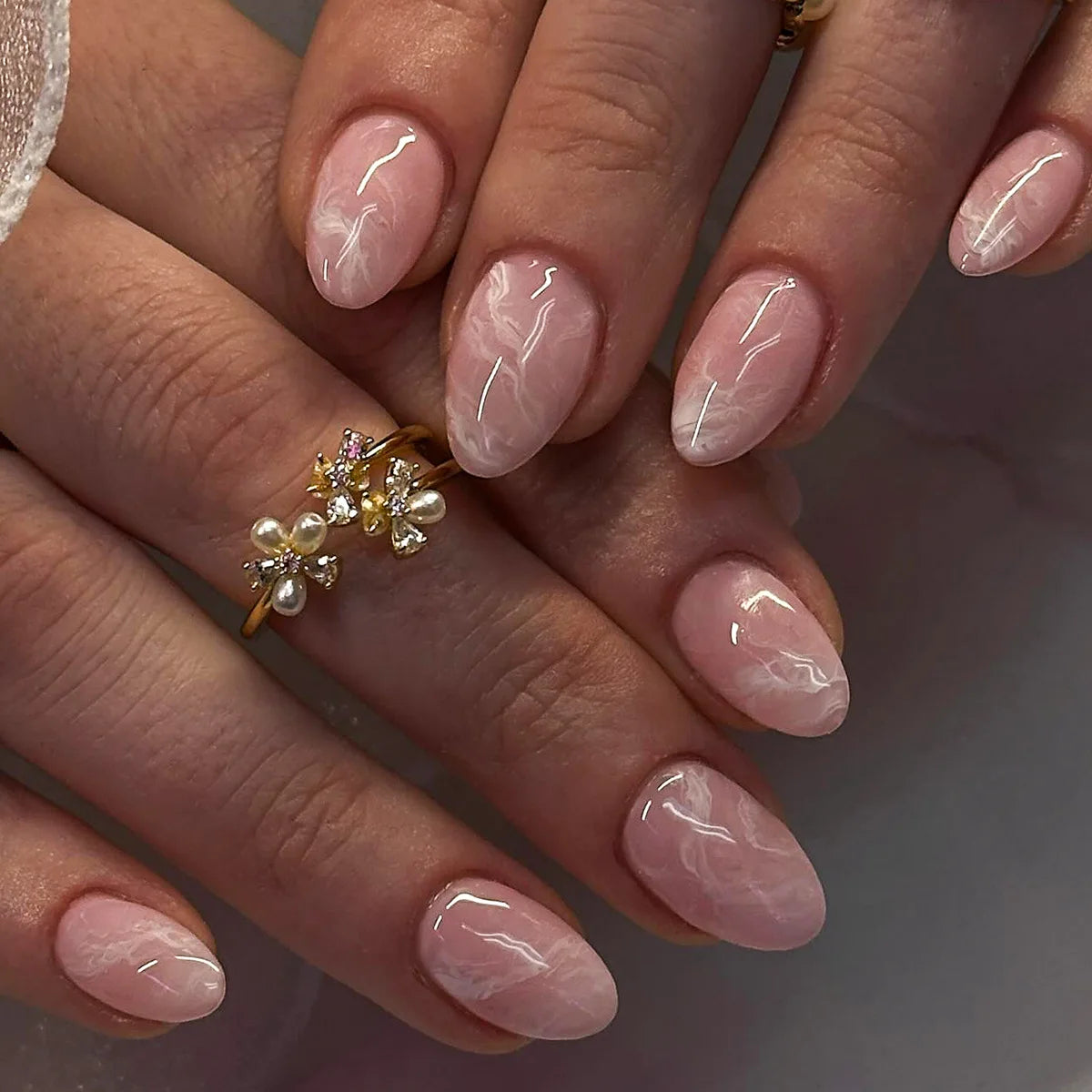 24pcs Finished Fake Nails Set Wearable Pink Long Almond False Nail Watermelon Pattern Design Press on Nails Tips Flower Manicure