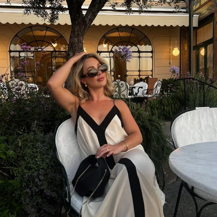 Sexy V-neck Sleeveless Dress Women Patchwork Contrast Color Loose Long Dresses Ladies Summer New Casual Backless Robes