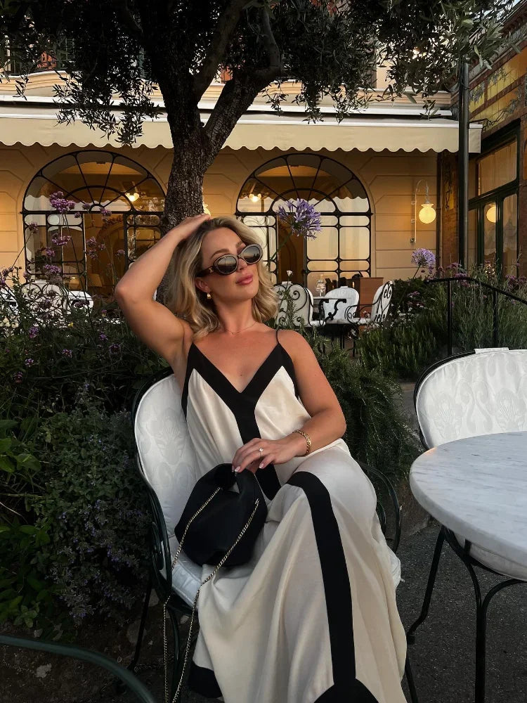 Sexy V-neck Sleeveless Dress Women Patchwork Contrast Color Loose Long Dresses Ladies Summer New Casual Backless Robes