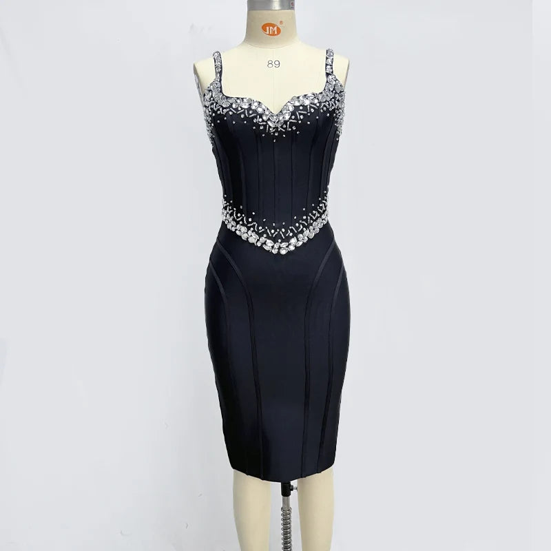 Vestido curto bandage preto vermelho feminino, sem mangas, sexy, com decote em V, colado ao corpo, cristal, comemoração, boate, festa, aniversário