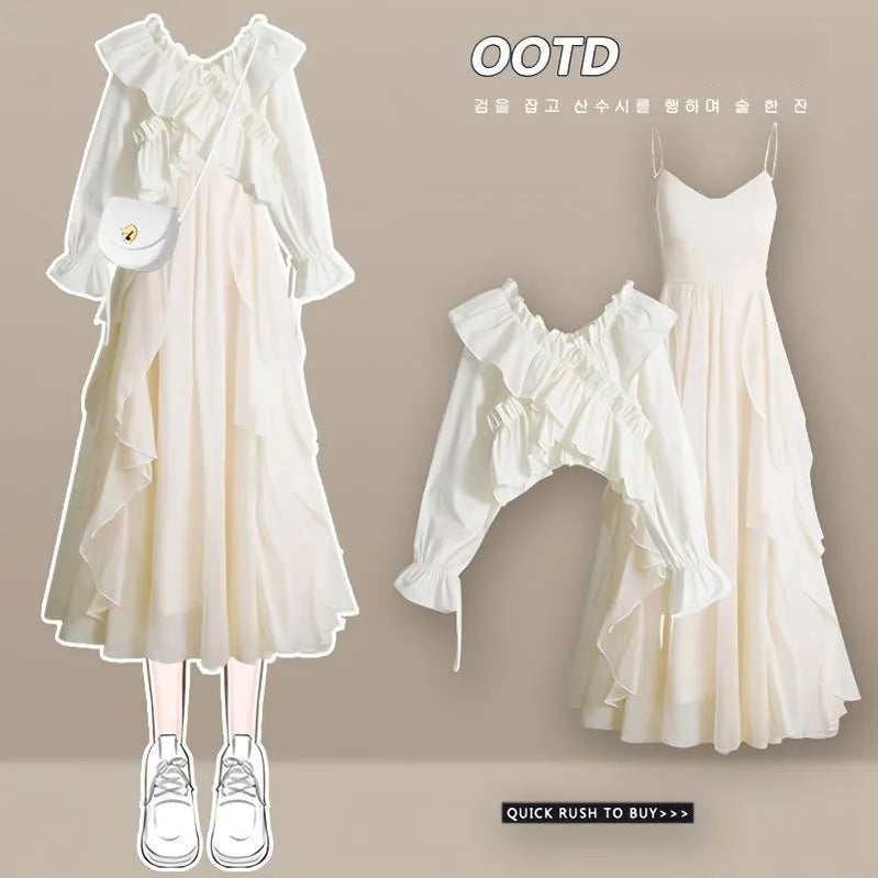 Women's Dress Set Spring Summer Fashion Bubble Sleeve Shirt+Suspended Skirt Two Piece Korean Elegant New Matching Set Set 02