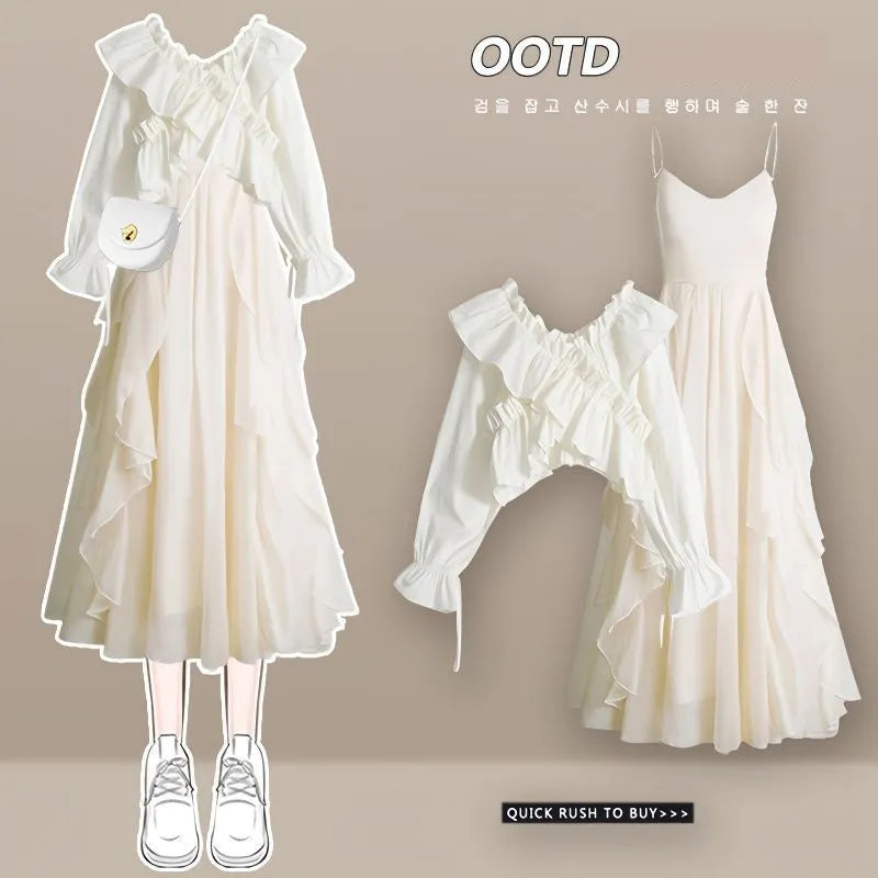 Women's Dress Set Spring Summer Fashion Bubble Sleeve Shirt+Suspended Skirt Two Piece Korean Elegant New Matching Set Set 02