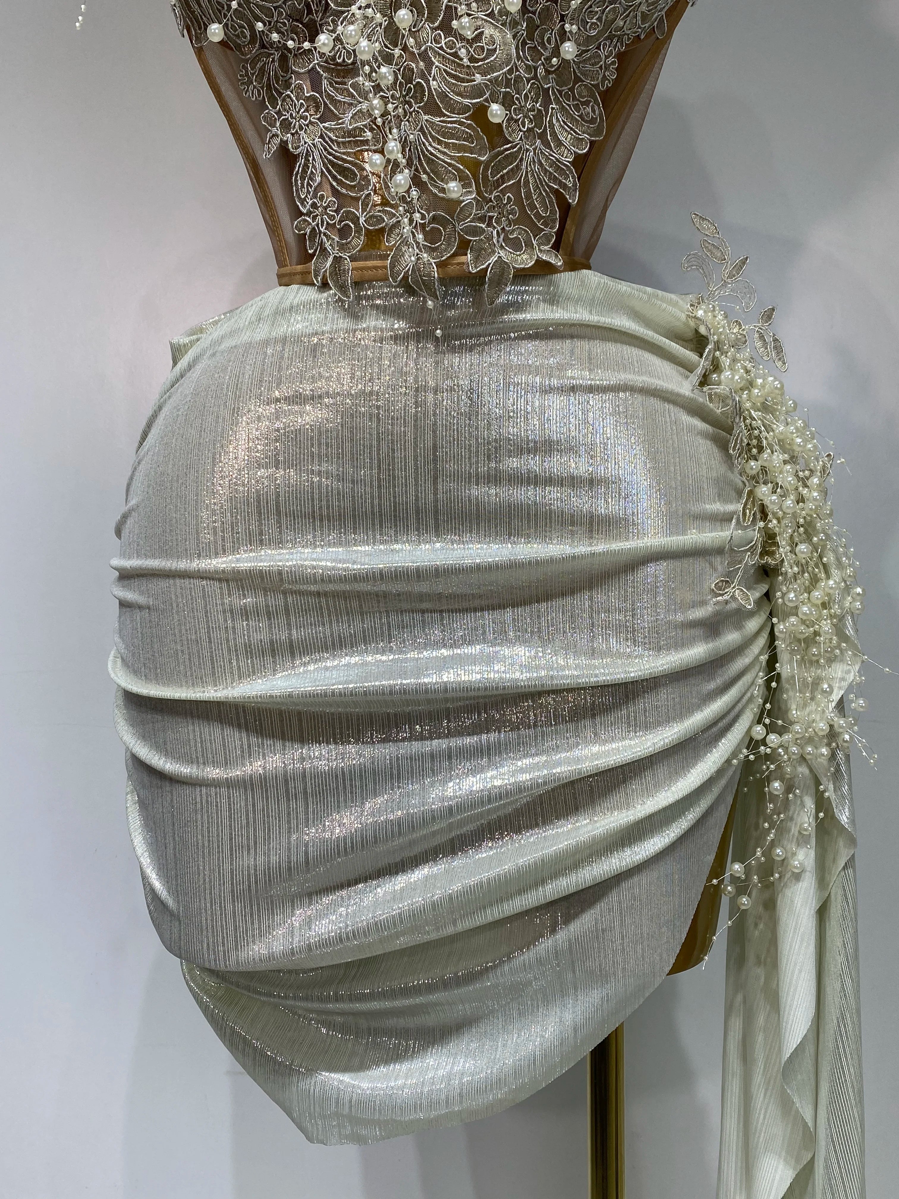 Elegant Sexy Pear Mesh See Through Two Piece Set Women Luxury Birthday Party Prom Gown Singer Nightclub Hotwife Stage Outfit