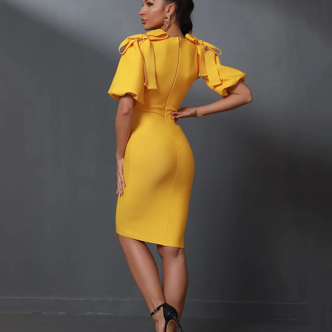 Yellow Bandage Dress Women Sexy Party Dress Bodycon Elegant Draped Deep v Neck Birthday Evening Club Outfits Summer 2023