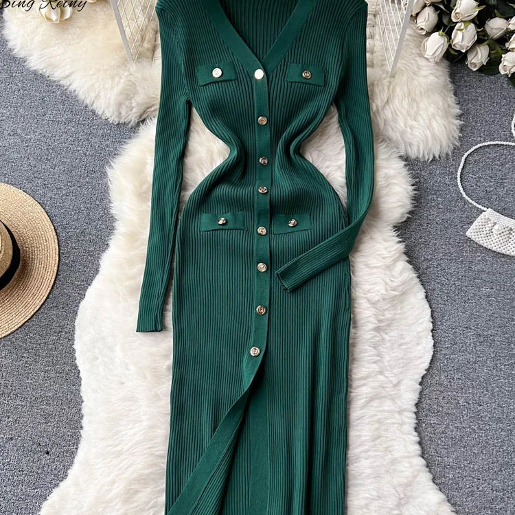 SINGREINY Winter Slim Design Knitted Dress V Neck Single Breasted A Line Split Midi Dress Long Sleeve Women Sweater Long Dress