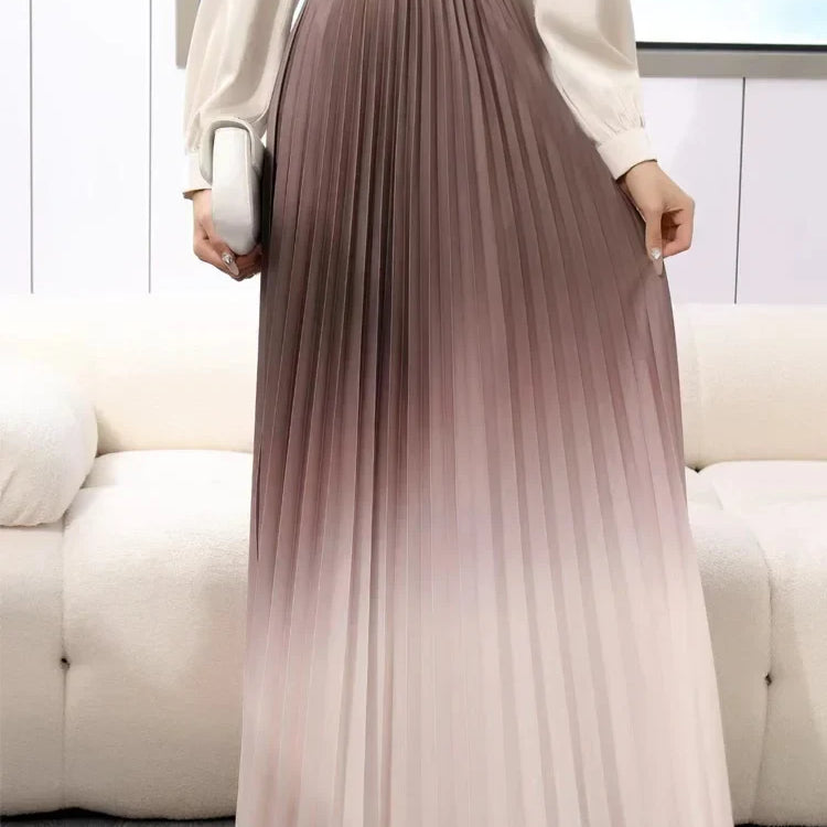 Floor-Length Long Pleated Skirt Women Gradient Color Lengthen Maxi Skirt Women Casual Patchwork Elegant Skirt Female Beige One Size