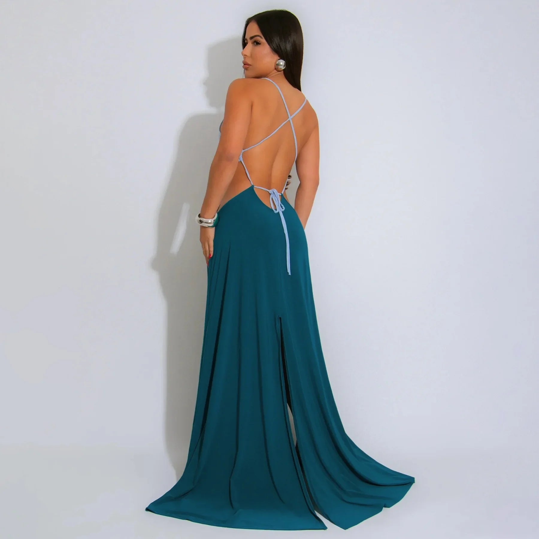 CM.YAYA Women Strap Backless Big Swing Split Maxi Long Dress 2025 Hollow Out Birthday Sexy Club Party Evening Dresses Vestidos