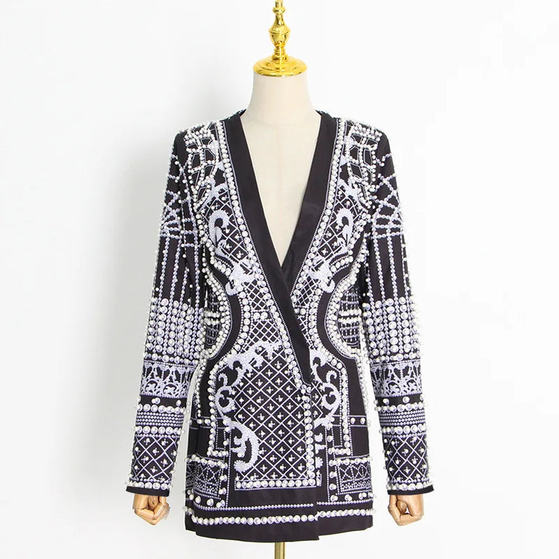 Stylish Designer Jacket Women's V-neck Long Sleeve Luxurious Metallic Beaded Long Blazer WHITE