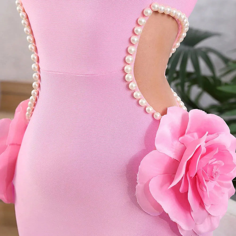 2024 Sexy Women'S Waist Exposed Pearl Flower Design Bandage Dress O-Neck Sleeveless Bodycon Long Dress Christmas Party Vestidos