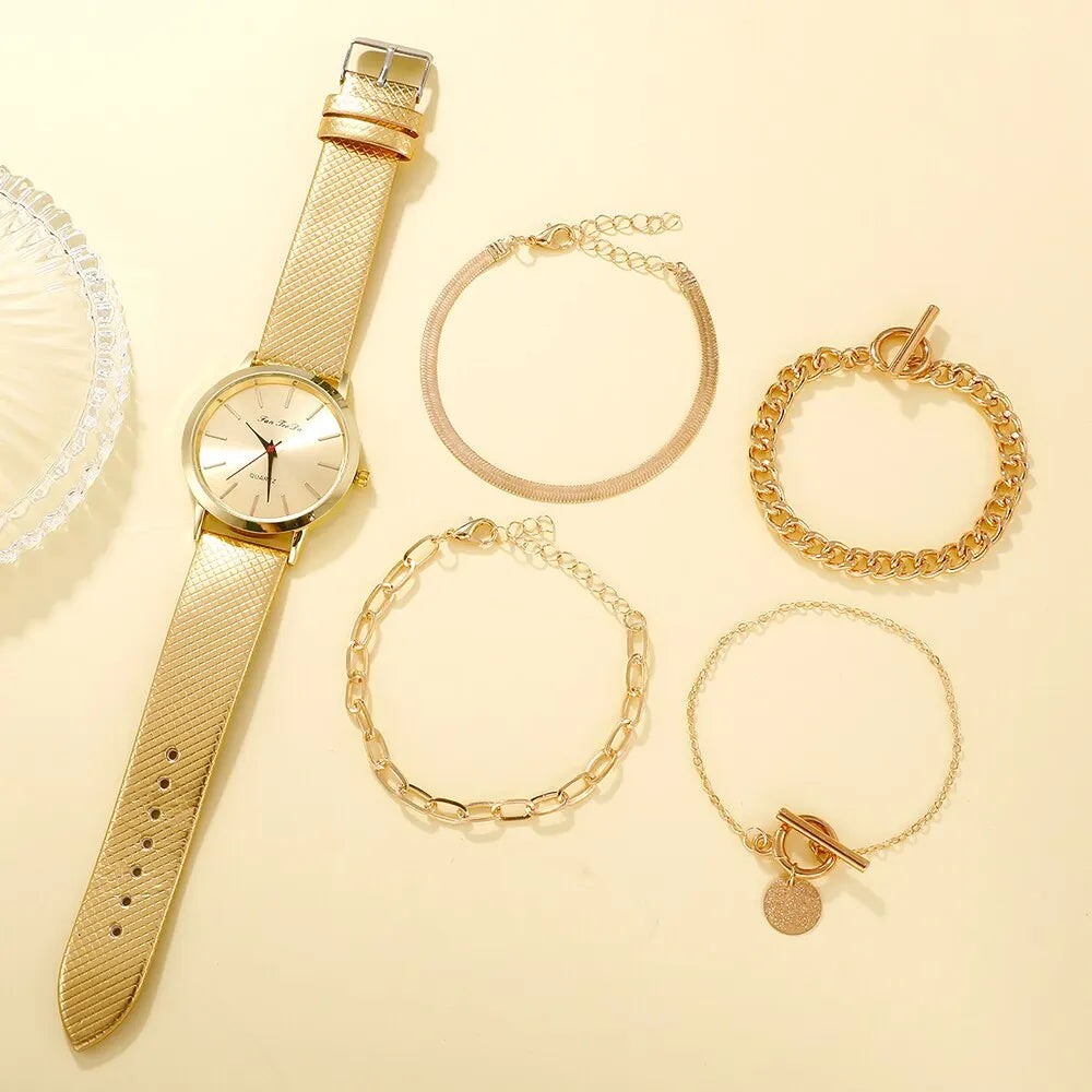 5PCS Set Womens Fashion Quartz Watches For Women Leather Watch Ladies Casual Dress Gold Dial Wrist Watch Clock Montre Femme