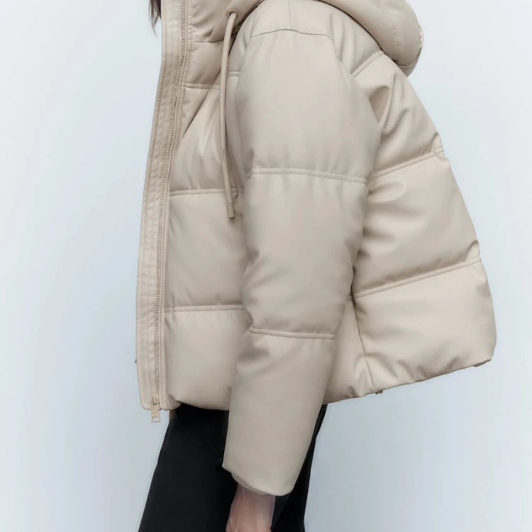 Women's Autumn Winter New Thickened Warm PU Imitation Leather Short Hooded Padded Jacket Top Faux Leather Parka Jacket Coat