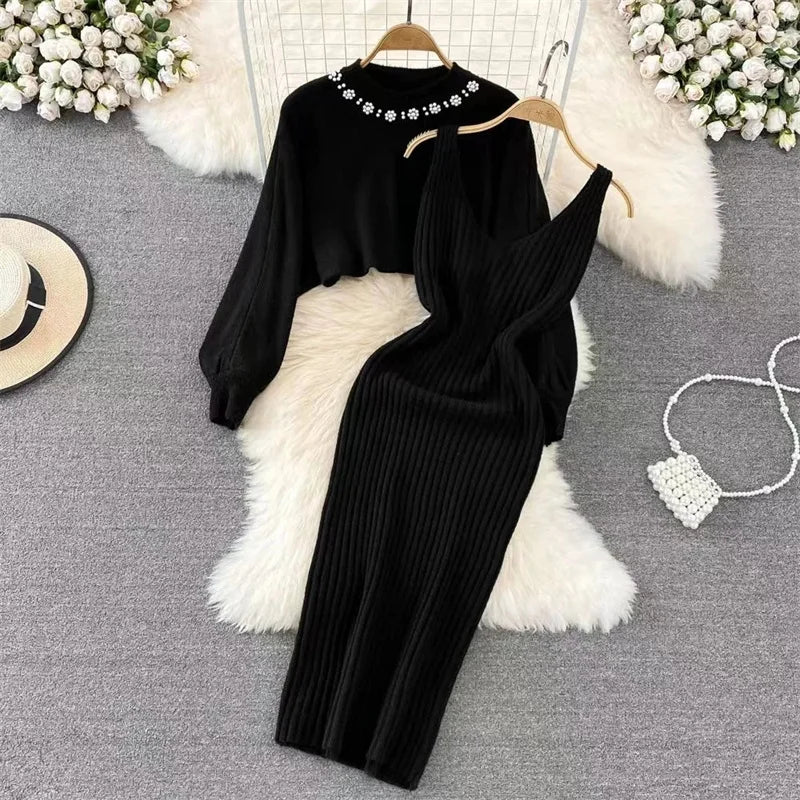 Korean Fashion Knitted Dress Sets Women Elegant Long Sleeve Pearl Sweater+Knitted Camis Dress Sets Sweater Casual Pullovers Suit