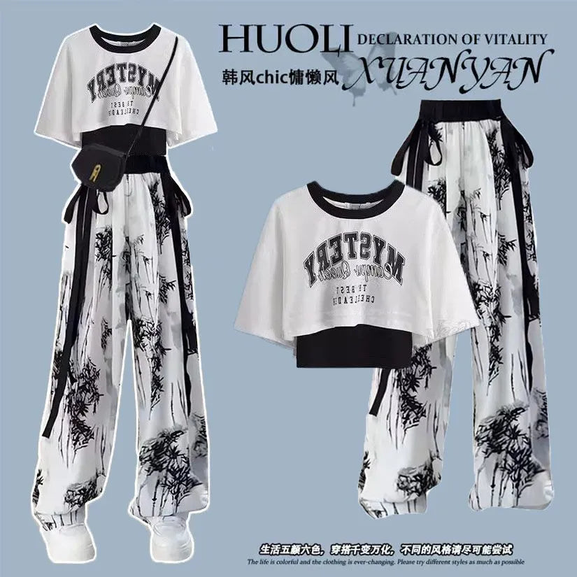 Korean Style Two-piece Patchwork Short Sleeved T-shirt with Ink Painting Wide Leg Pants Two-piece Female Student Pants Set set 01