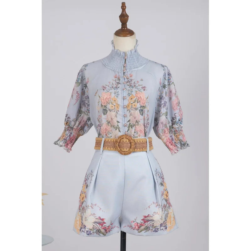 Shot Spot Australian Design Positioning Printing Single-Breasted Cotton and Linen High-End Puff Sleeve Shirt Shorts with Be