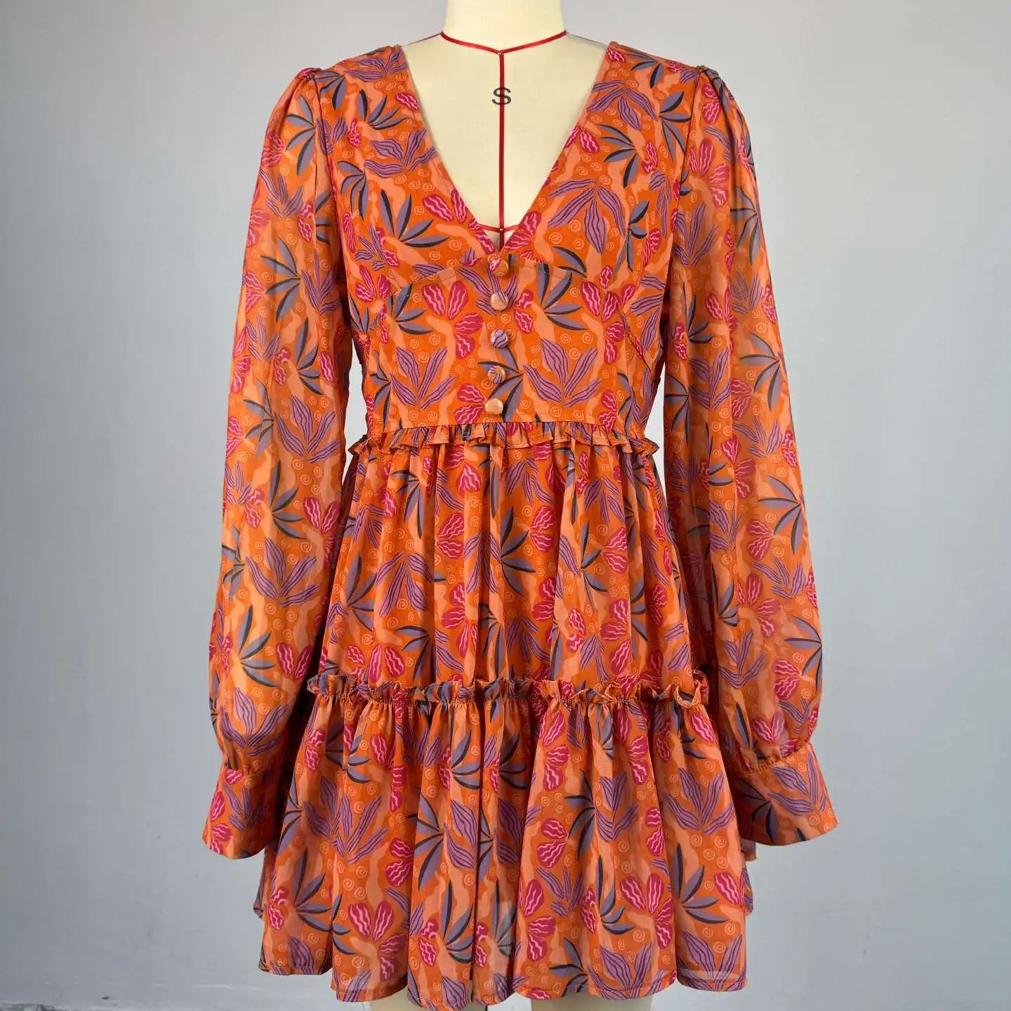 CM.YAYA Women V-neck Long Sleeve Pleated Mini Dress Sweet Elegant Floral Print Sexy Birthday Beach Night Party Vestidos Dresses