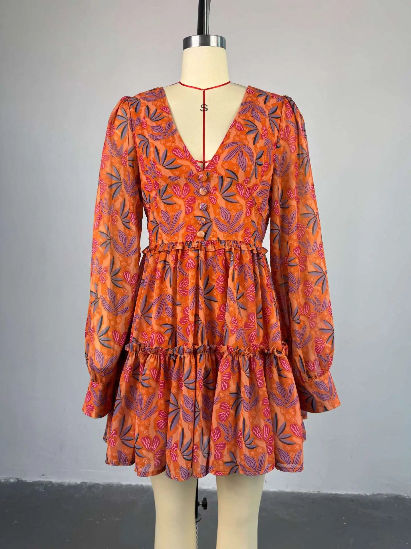 CM.YAYA Women V-neck Long Sleeve Pleated Mini Dress Sweet Elegant Floral Print Sexy Birthday Beach Night Party Vestidos Dresses