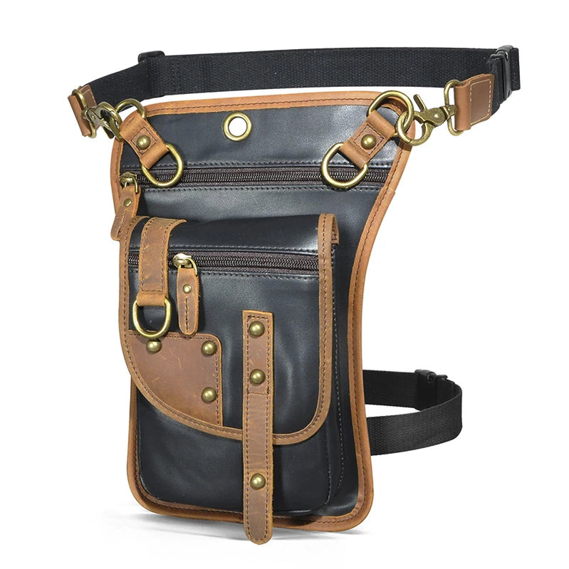 Leather Multipurpose Men Travel Mochila Crossbody Messenger Bag Hook Belt Waist Pack Drop Leg Phone Case Bag PU-black
