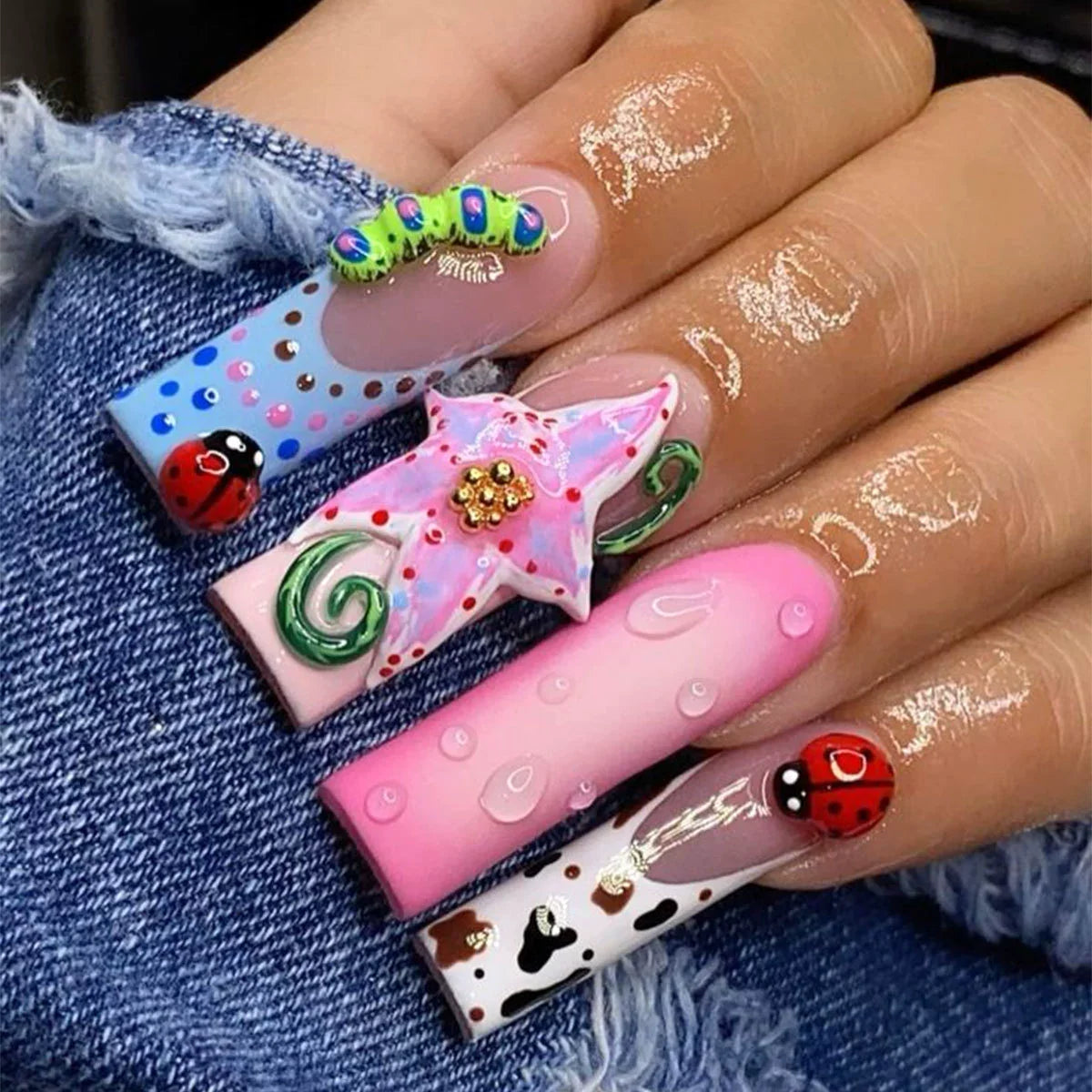24Pcs Long Square Coffin Fake Nail Full Cover 3D Flowers with Leopard Print Pattern French Manicure Wearable Spice Acrylic Nails