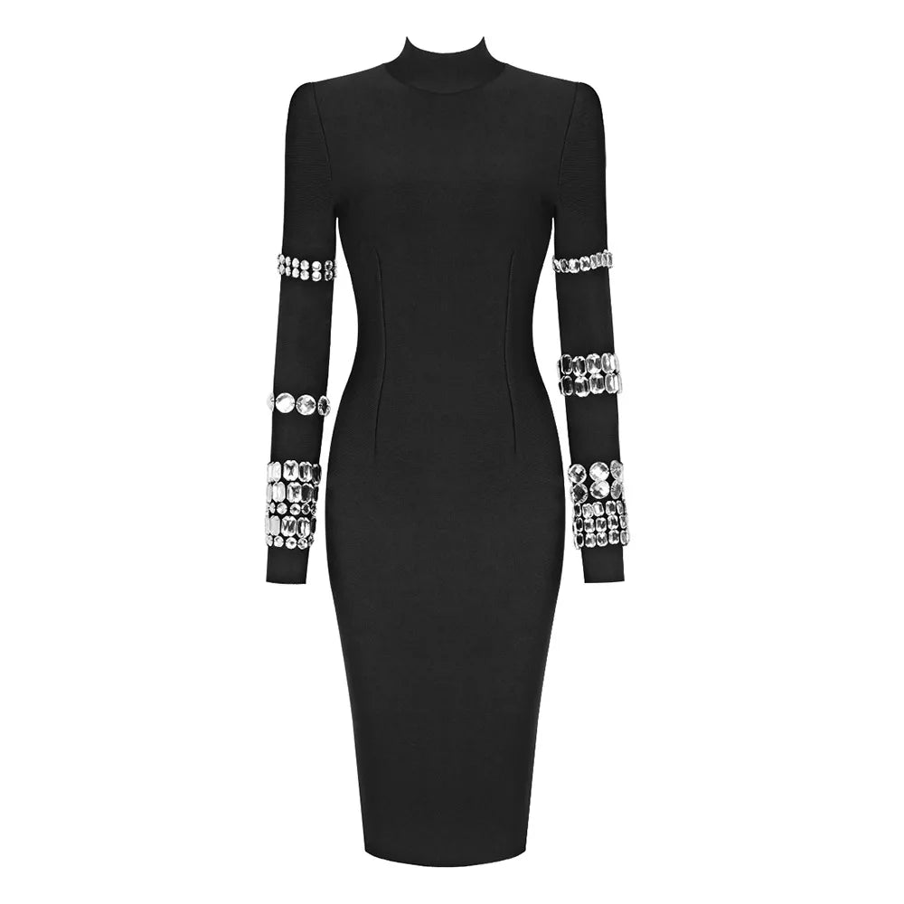 Elegant Women'S Luxury Long Sleeve Diamond Sexy Black Bandage Dress Vestidos Para Mujer Evening Party Prom New In Dresses Robe