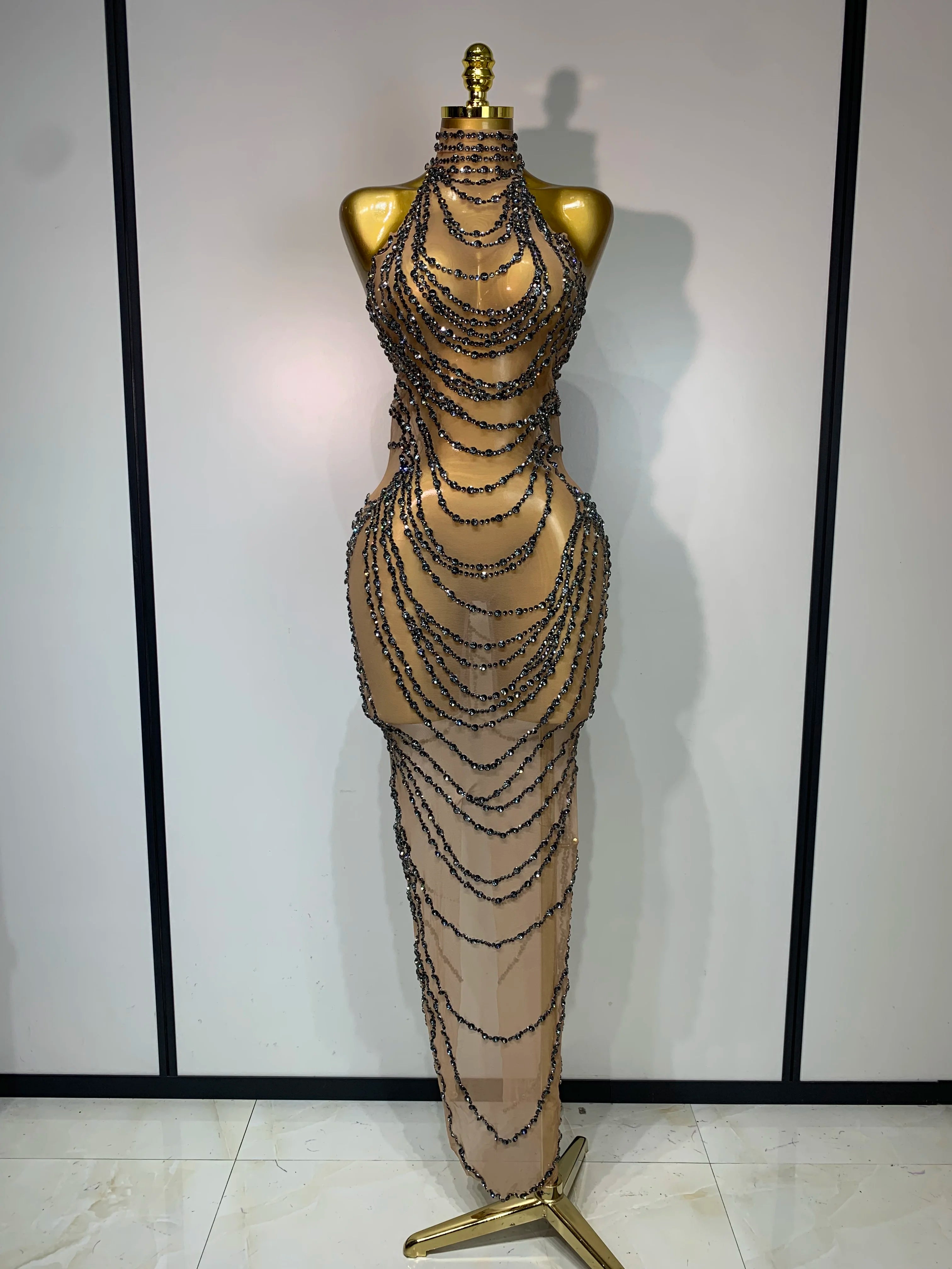 Sparkly Rhinestone Sexy Transparent Mesh Long Dress 2025 Women Luxury Birthday Club Party Gown Stage Singer Performance Costume