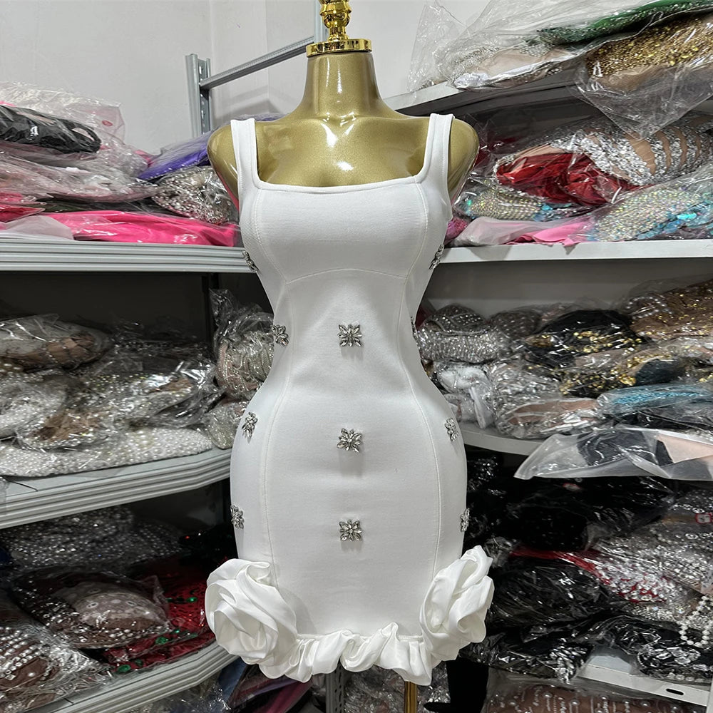 Spliced Diamonds Flower Bandage Mini Dress For Women Solid Color Sleeveless Bodycon Party Dresses Female 2025