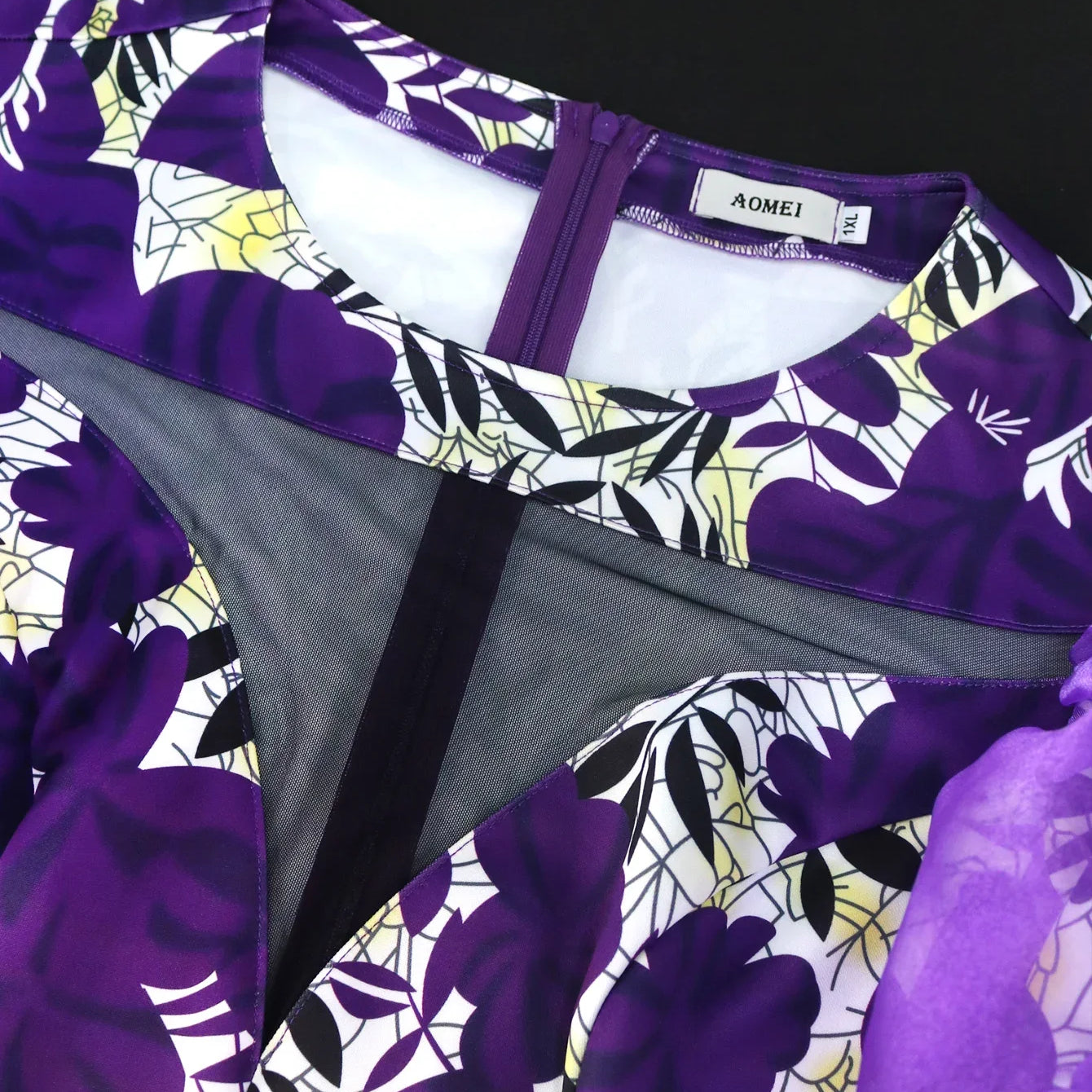 Purple Printed Dresses O Neck Tulle Patchwork Short Puff Sleeve Floral High Waist Bodycon Birthday Evening Event Party Gowns