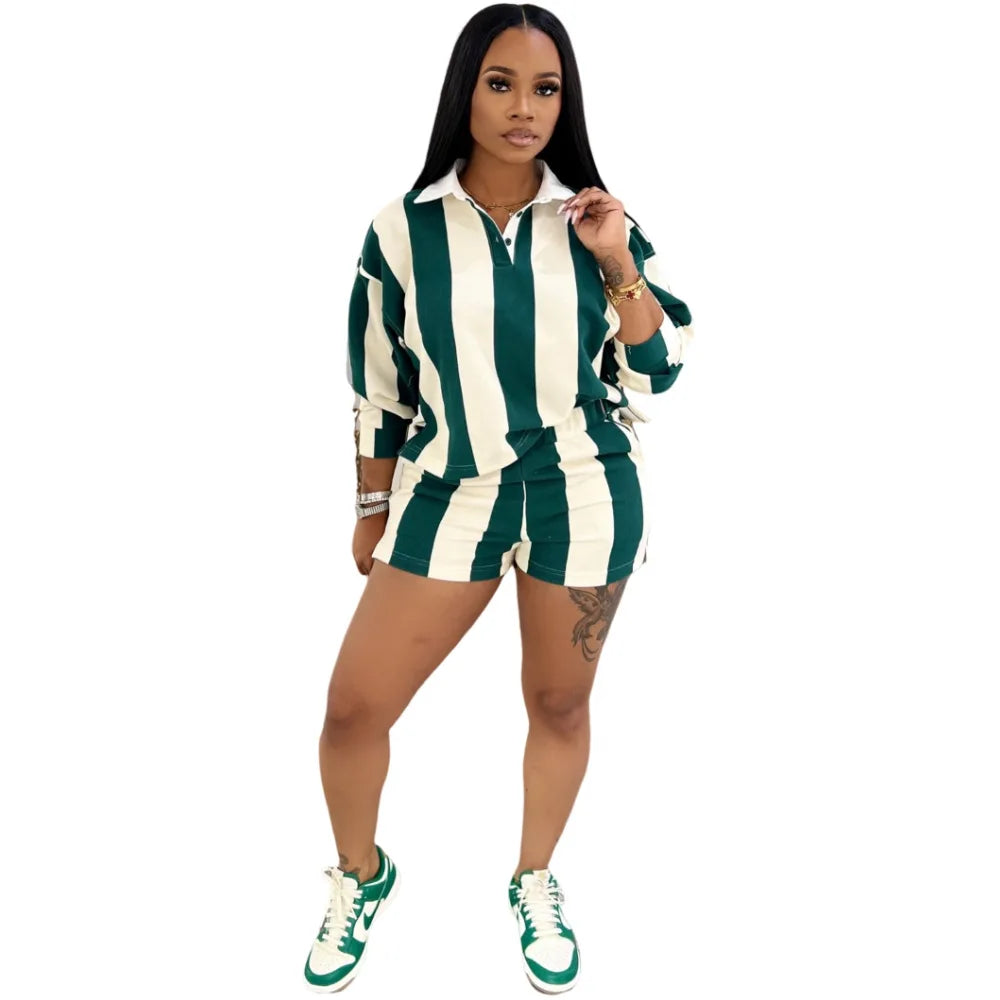CM.YAYA Striped Women's Set Pleated full Sleeve Turn-down Collar Polo-t-shirt and Shorts 2025 Two 2 Piece Sets Outfit Tracksuits